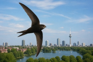 AI-gegenereerd beeld van een gierzwaluw boven de Kralingse Plas.